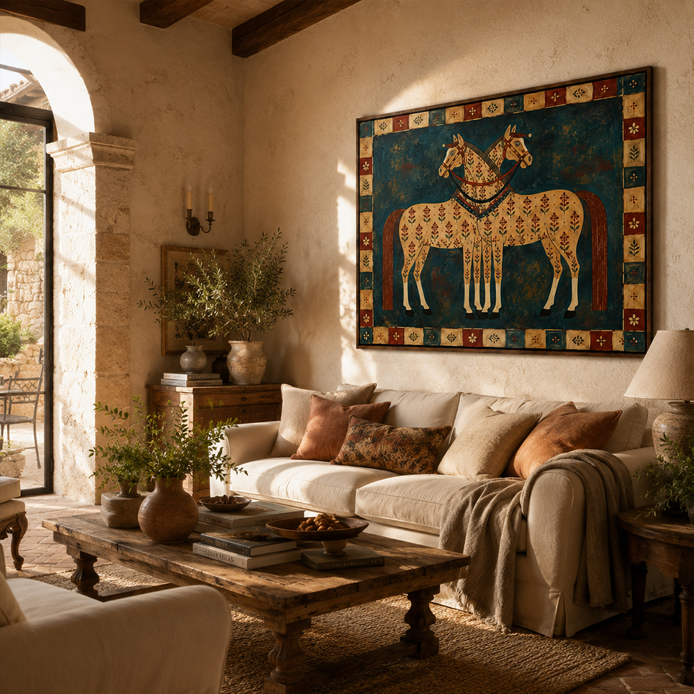Vintage Americana Art – Folk Twin Horses Textured Handmade Oil Painting Wall Art