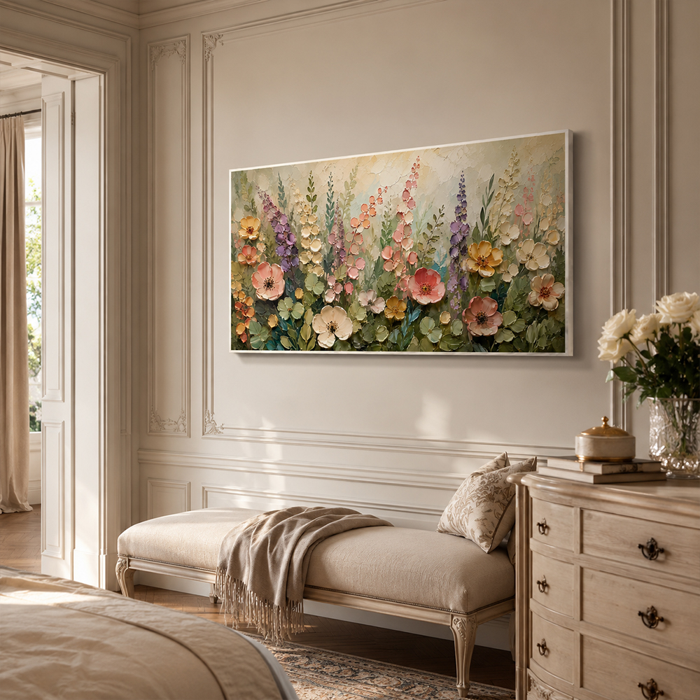 Texture Painting Art – Pastel Wildflower Textured Handmade Oil Painting Wall Art