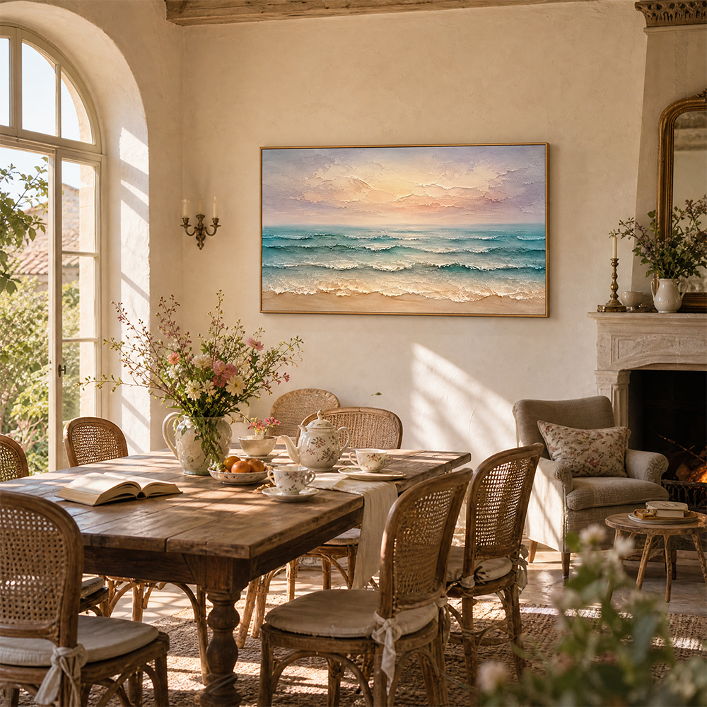 Texture Painting Art – Pastel Beach Waves Textured Handmade Oil Painting Wall Art