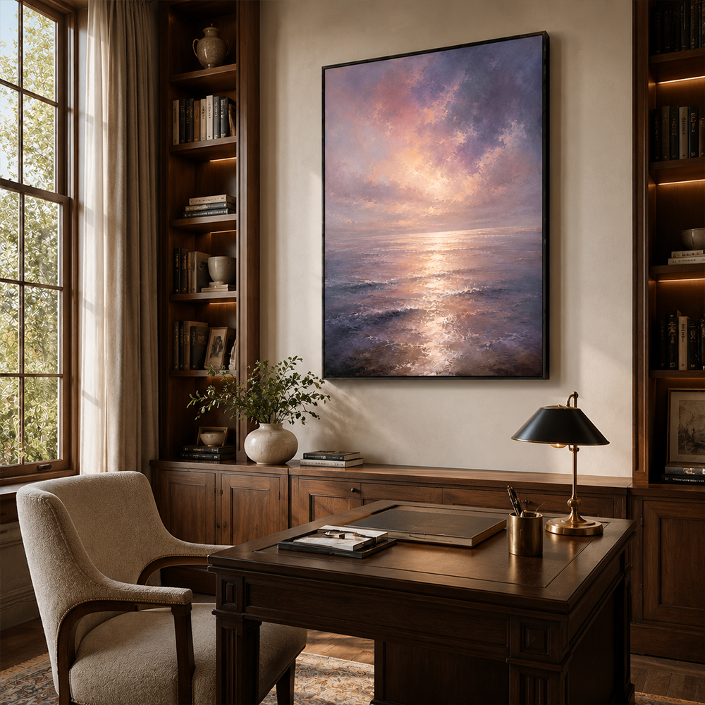 Minimalist Painting Art – Sunset Ocean Reflection Textured Handmade Oil Painting Wall Art