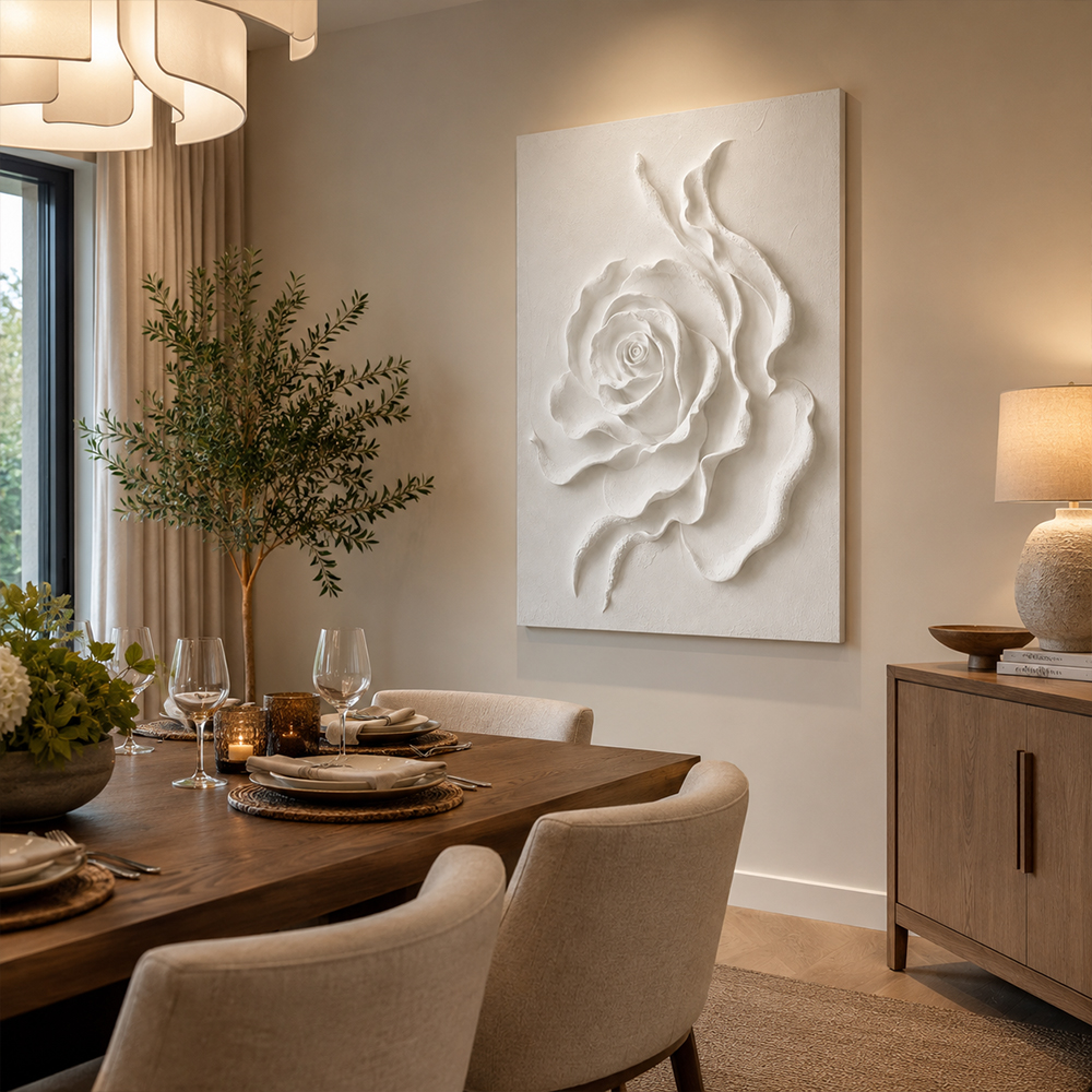 Minimalist Painting Art – Textured White Rose Relief