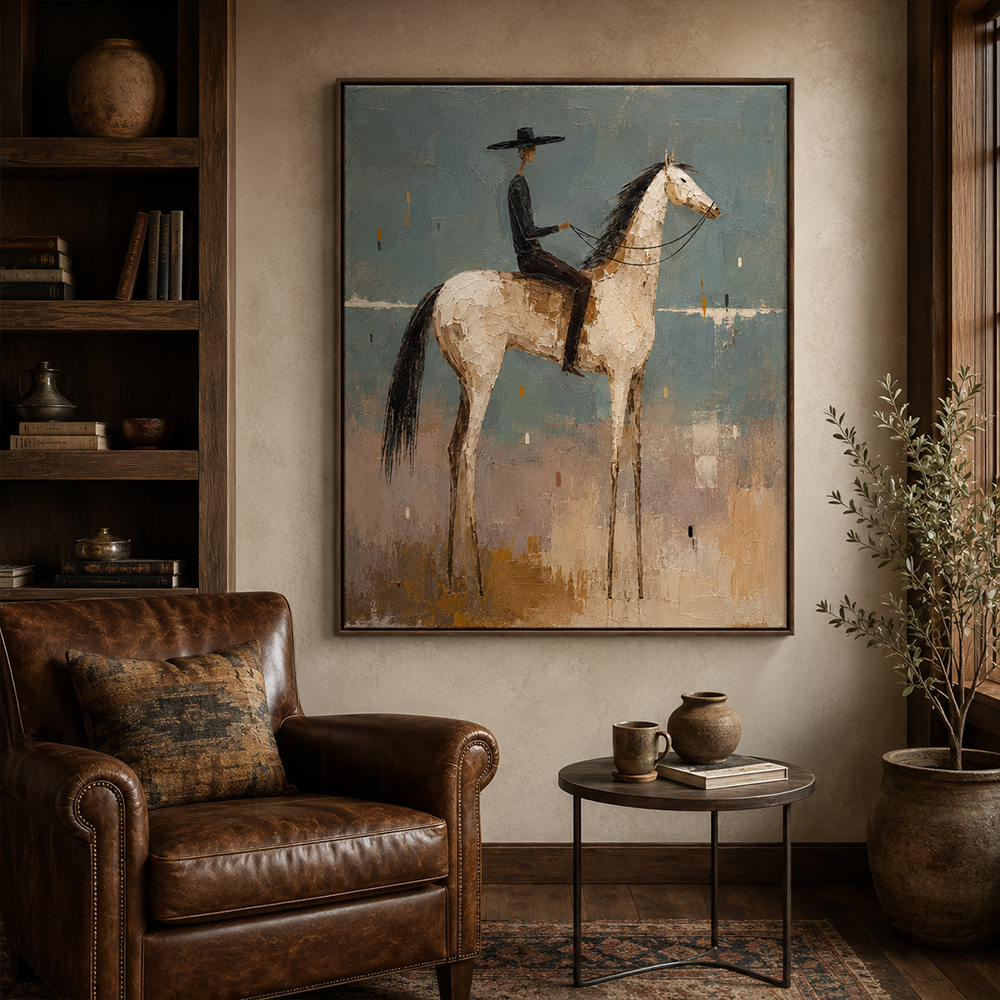Vintage Americana Art – Textured Surreal Equestrian Handmade Oil Painting Wall Art