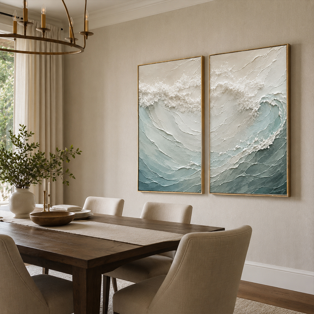 Minimalist Painting Art – Textured Ocean Wave Diptych