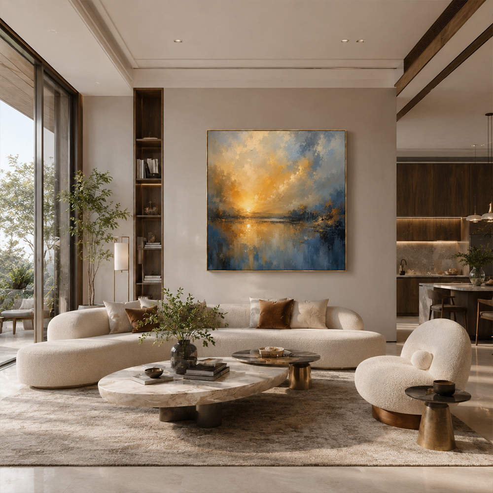 [Copy]Abstract Wall Art – Neutral Lakescape Textured Handmade Oil Painting Wall Art