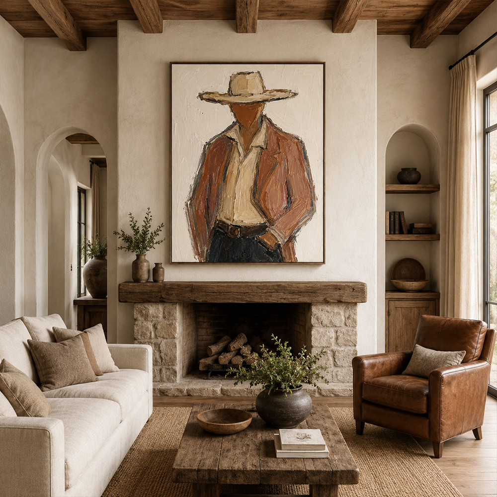 Vintage Americana Art – Textured Rustic Western Minimalist Handmade Oil Painting Wall Art