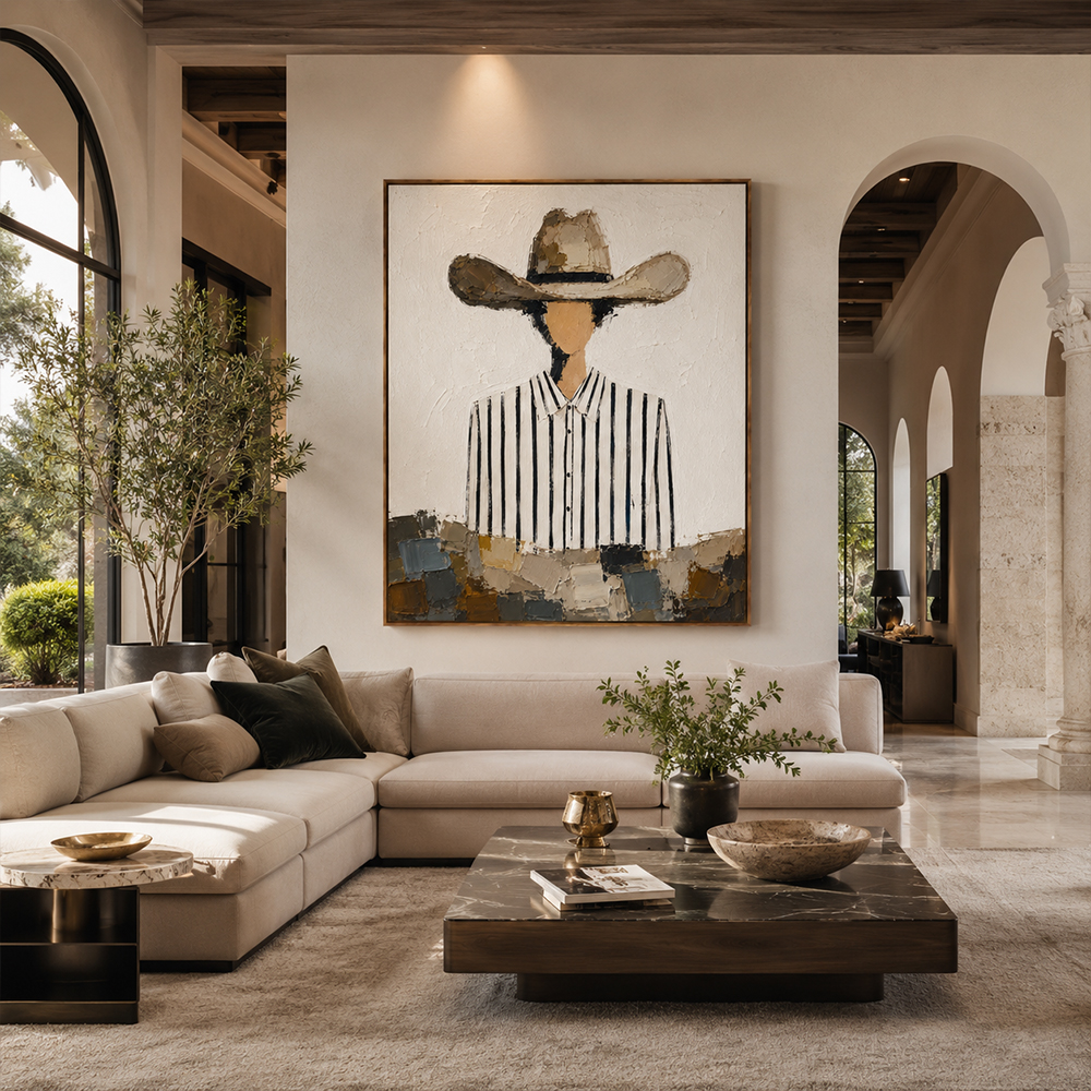 Vintage Americana Art – Striped Shirt Cowboy Textured Handmade Oil Painting Wall Art