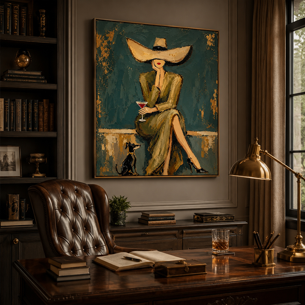 Vintage Americana Art – Hat Lady with Cocktail & Dog Textured Handmade Oil Painting Wall Art