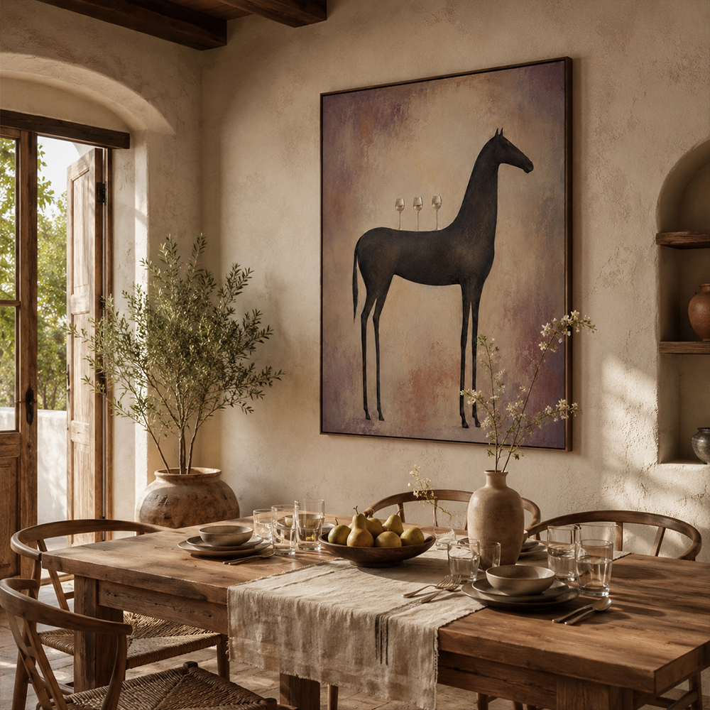 Vintage Americana Art – Slender Dark Horse with Wine Glasses Textured Handmade Oil Painting Wall Art