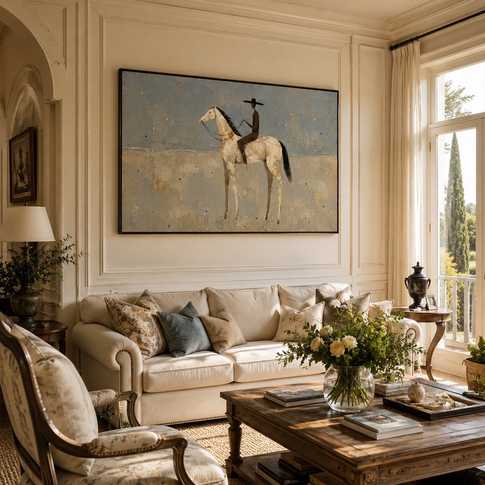 Vintage Americana Art – Pale Horse Rider Textured Handmade Oil Painting Wall Art