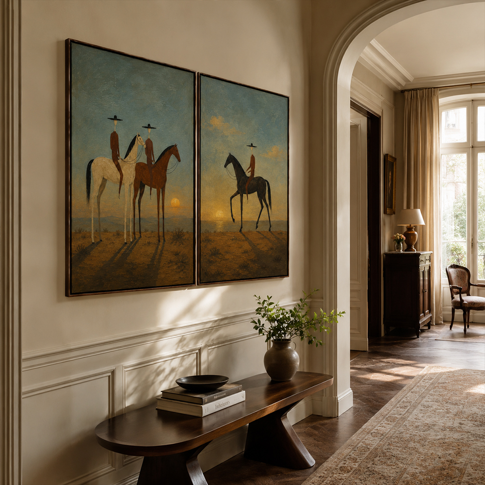 Vintage Americana Art – Sunset Cowboy Horse Diptych Textured Handmade Oil Painting Wall Art