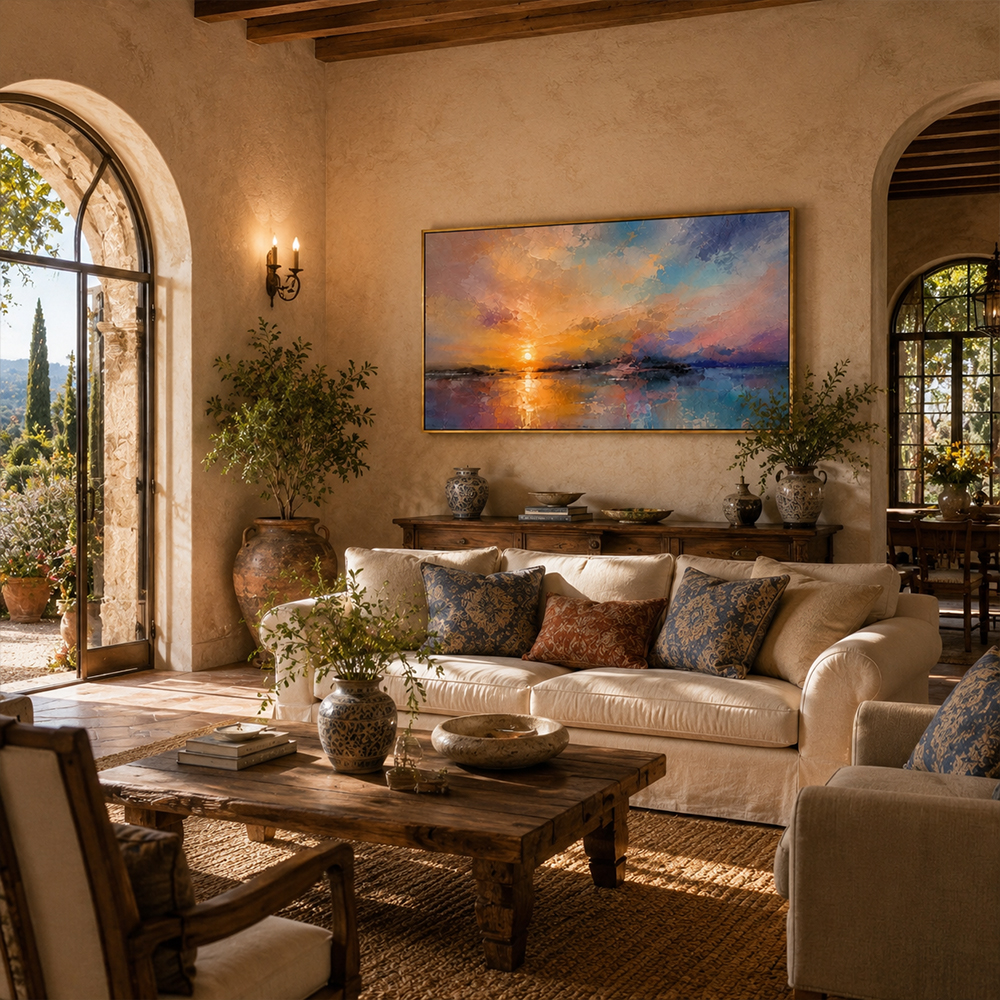 Abstract Wall Art – Sunset Lakescape Textured Handmade Oil Painting Wall Art