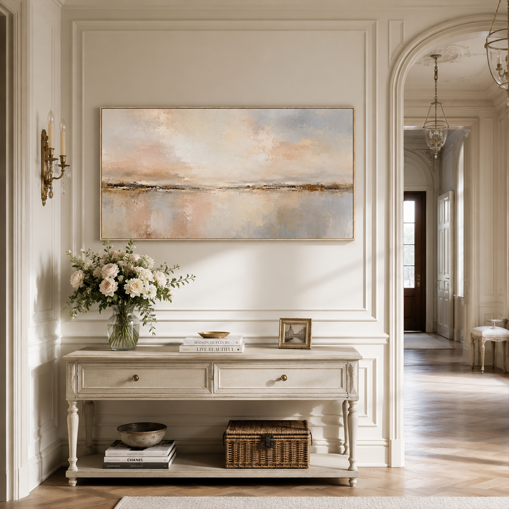 Abstract Wall Art – Neutral Lakescape Textured Handmade Oil Painting Wall Art