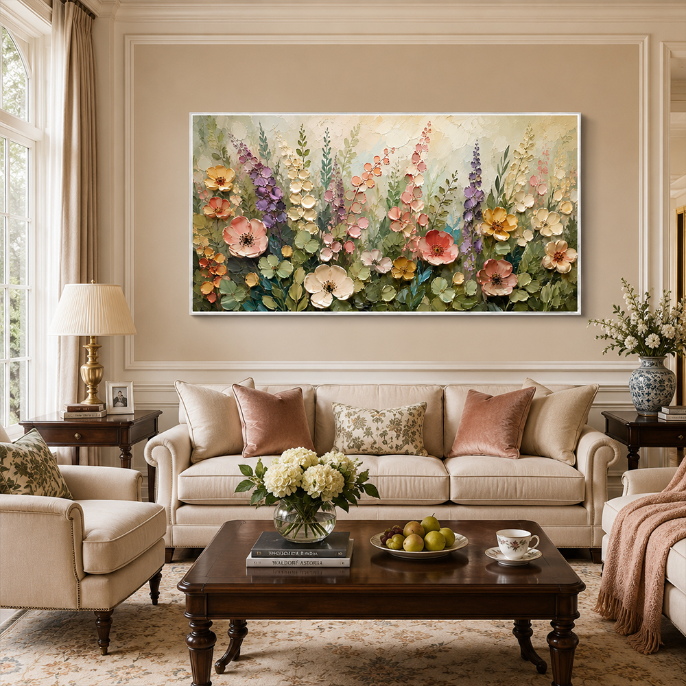 Texture Painting Art – Pastel Wildflower Textured Handmade Oil Painting Wall Art