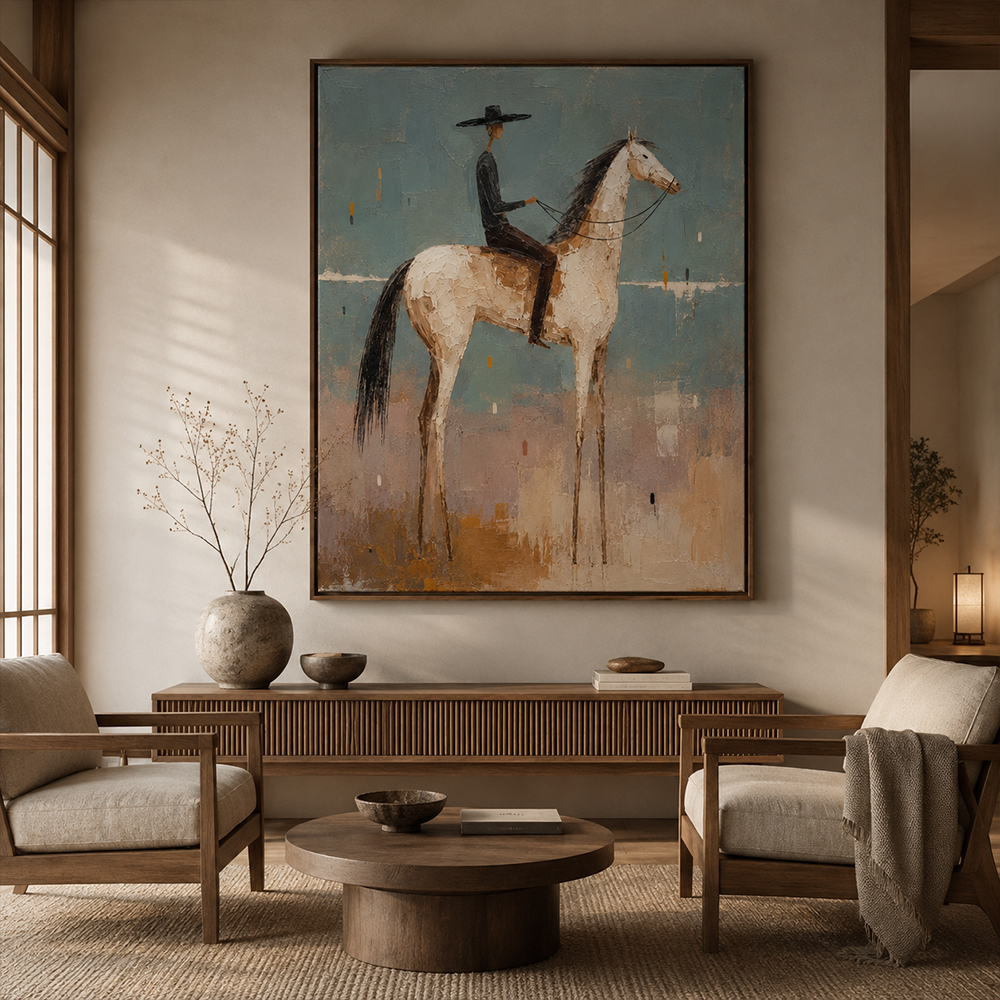 Vintage Americana Art – Textured Surreal Equestrian Handmade Oil Painting Wall Art