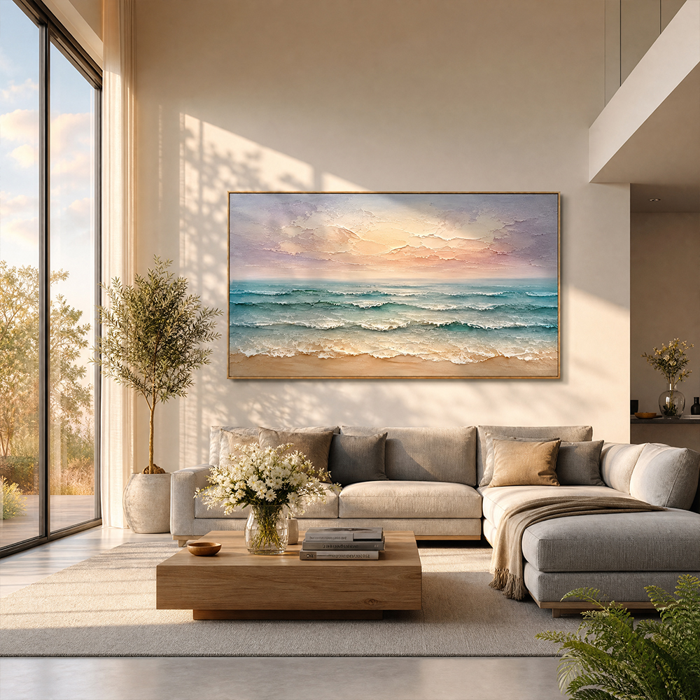 Texture Painting Art – Pastel Beach Waves Textured Handmade Oil Painting Wall Art