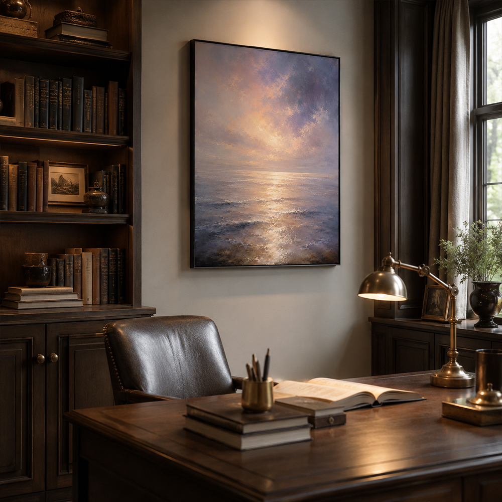 Minimalist Painting Art – Sunset Ocean Reflection Textured Handmade Oil Painting Wall Art