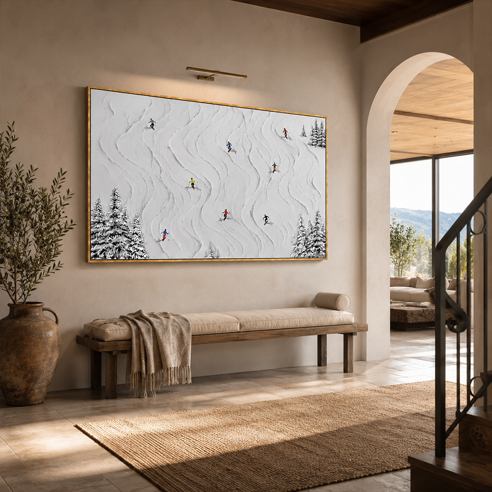 Texture Painting Art – Skiers On Snowy Slopes