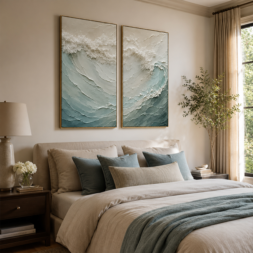 Minimalist Painting Art – Textured Ocean Wave Diptych