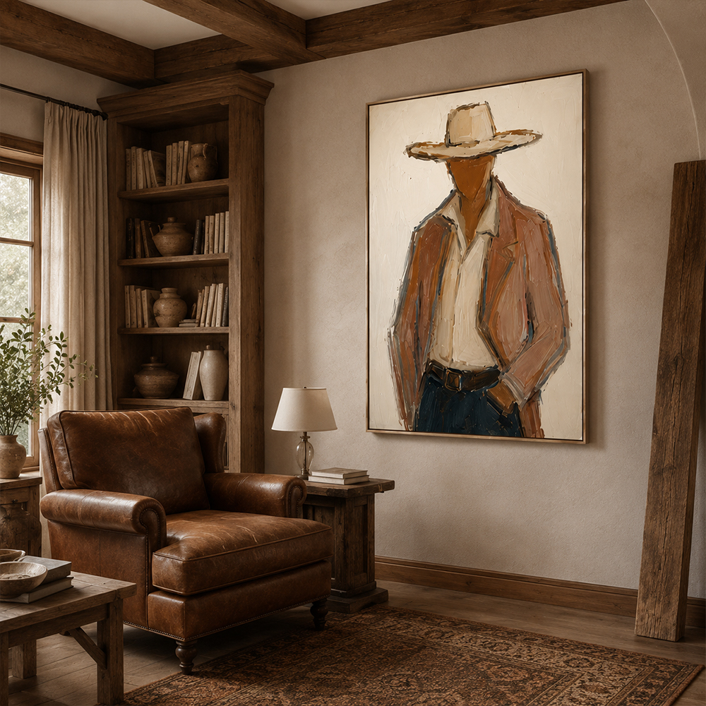 Vintage Americana Art – Textured Rustic Western Minimalist Handmade Oil Painting Wall Art