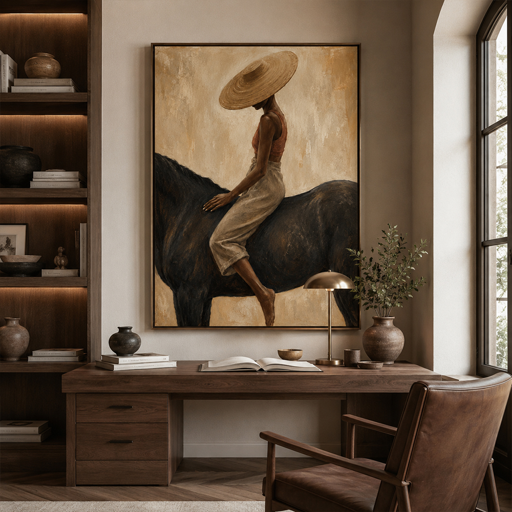 Vintage Americana Art – Handmade Woman & Dark Horse Textured Oil Painting