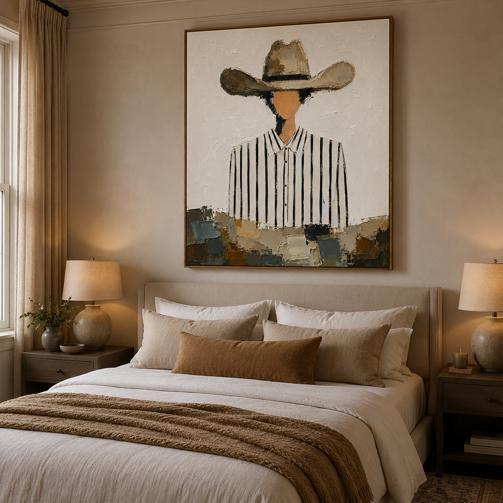 Vintage Americana Art – Striped Shirt Cowboy Textured Handmade Oil Painting Wall Art