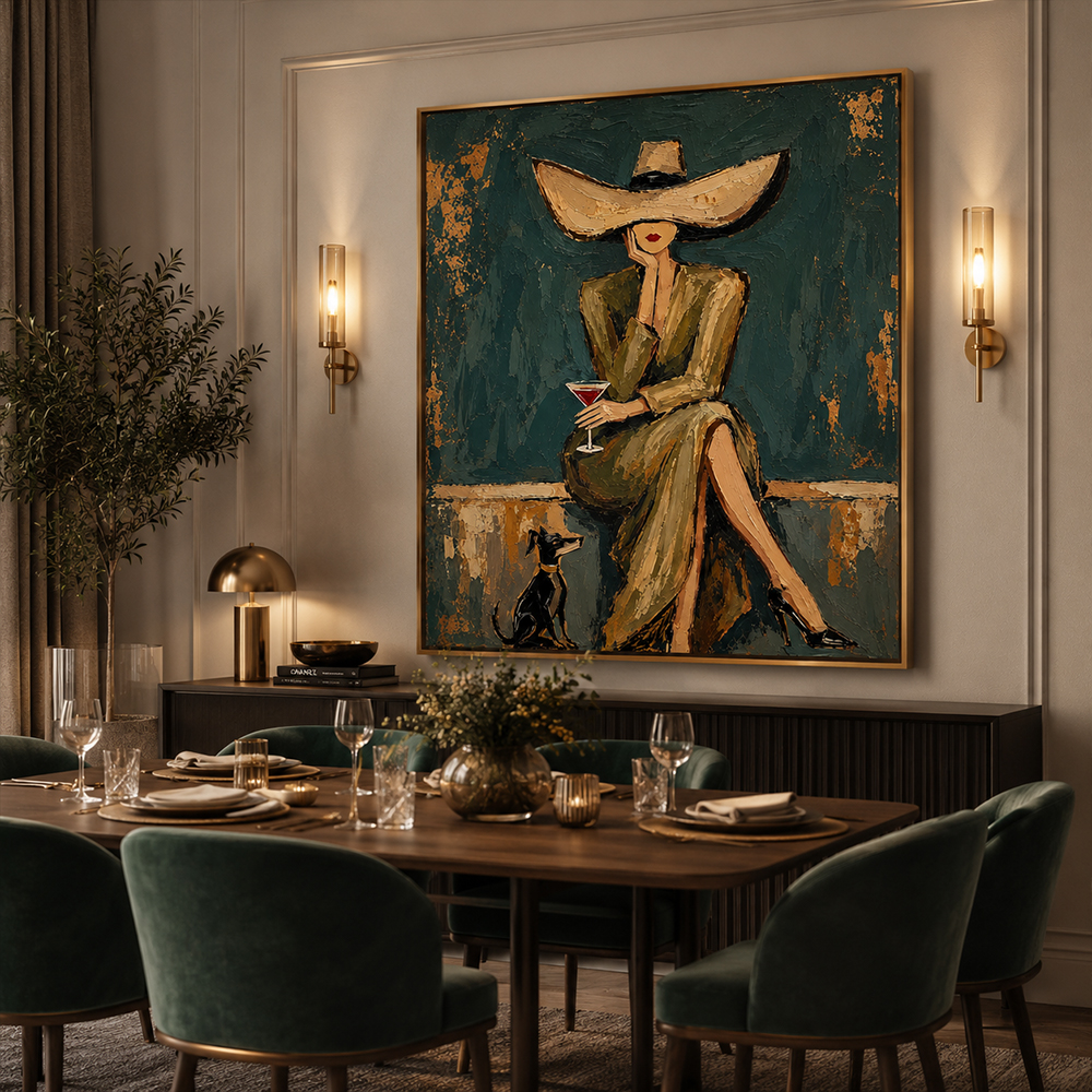 Vintage Americana Art – Hat Lady with Cocktail & Dog Textured Handmade Oil Painting Wall Art