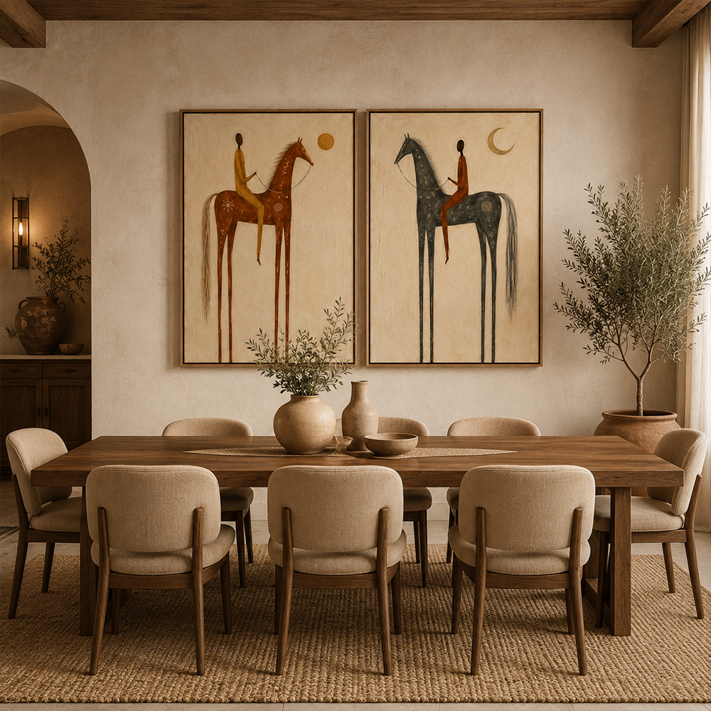 Vintage Americana Art – Sun & Moon Equestrian Diptych Textured Handmade Oil Painting Wall Art