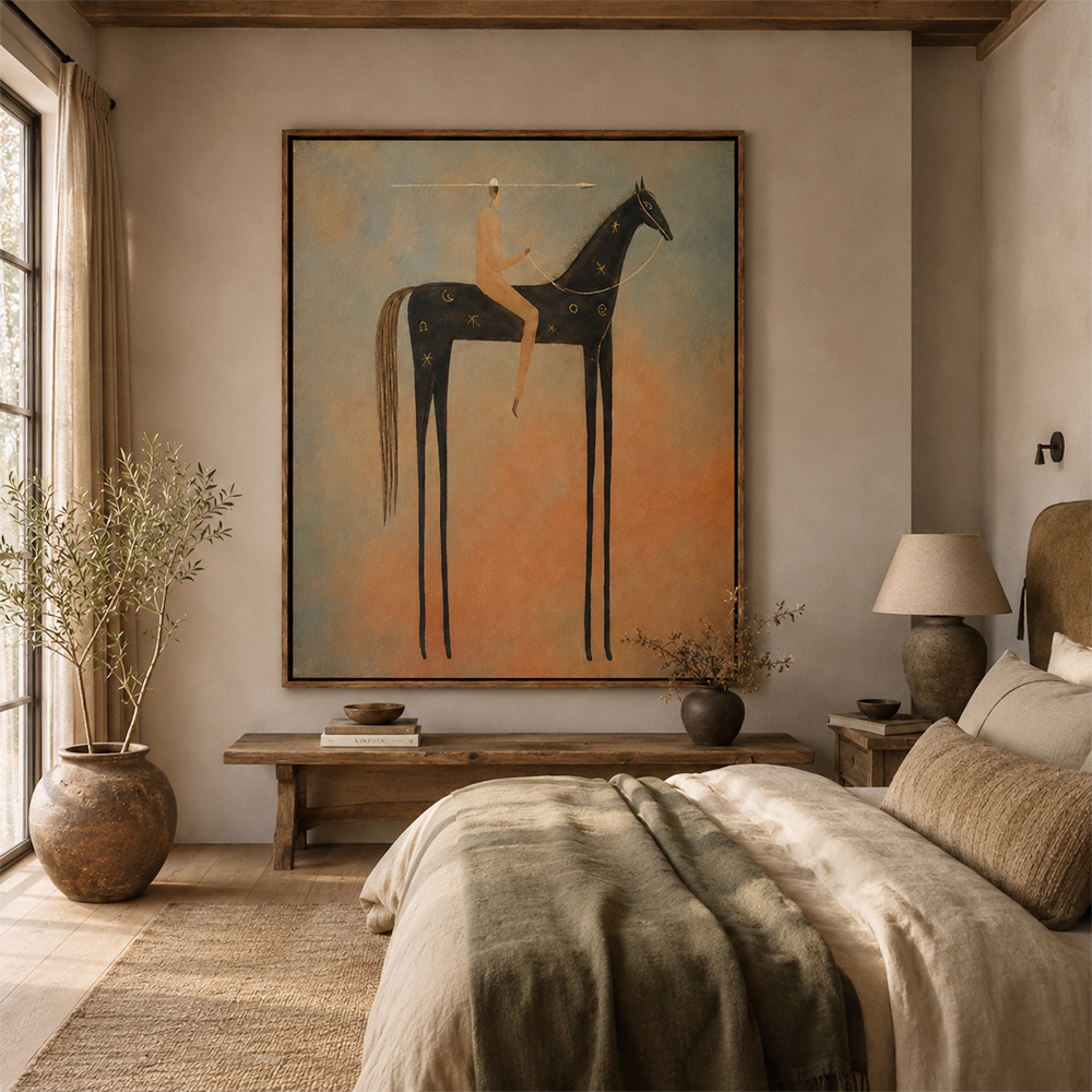 Vintage Americana Art – Celestial Starry Horse Rider Textured Handmade Oil Painting Wall Art