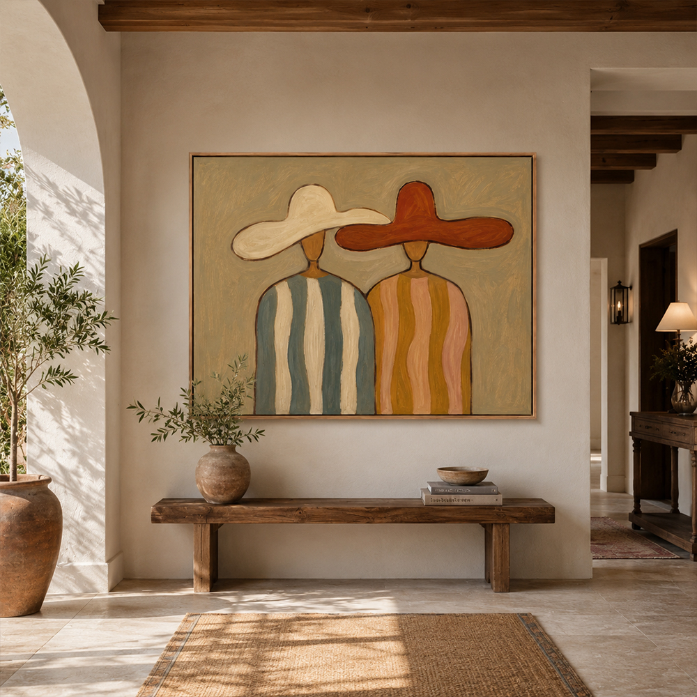 Vintage Americana Art – Earthy Minimalist Abstract Figure Handmade Textured Oil Painting Wall Art
