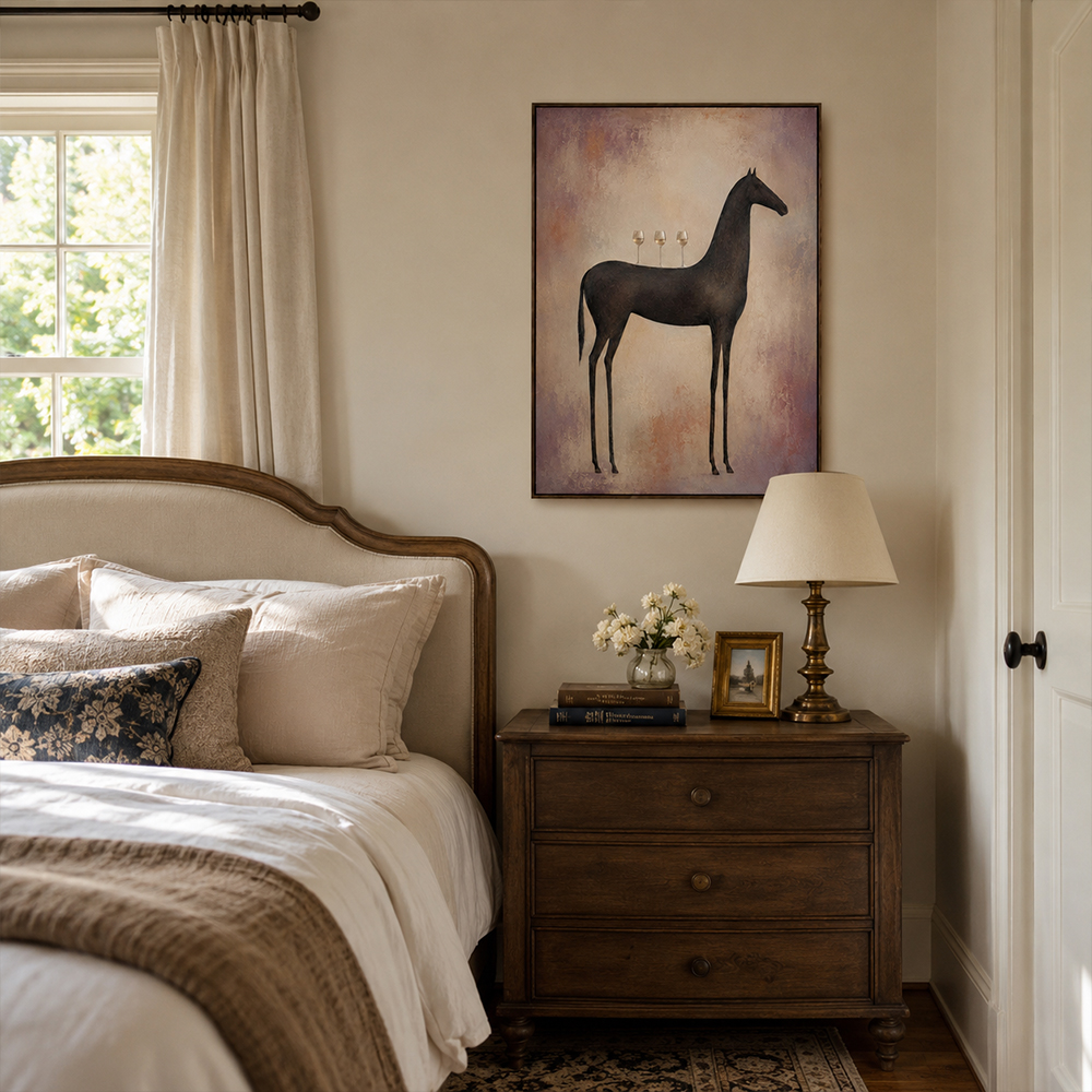 Vintage Americana Art – Slender Dark Horse with Wine Glasses Textured Handmade Oil Painting Wall Art