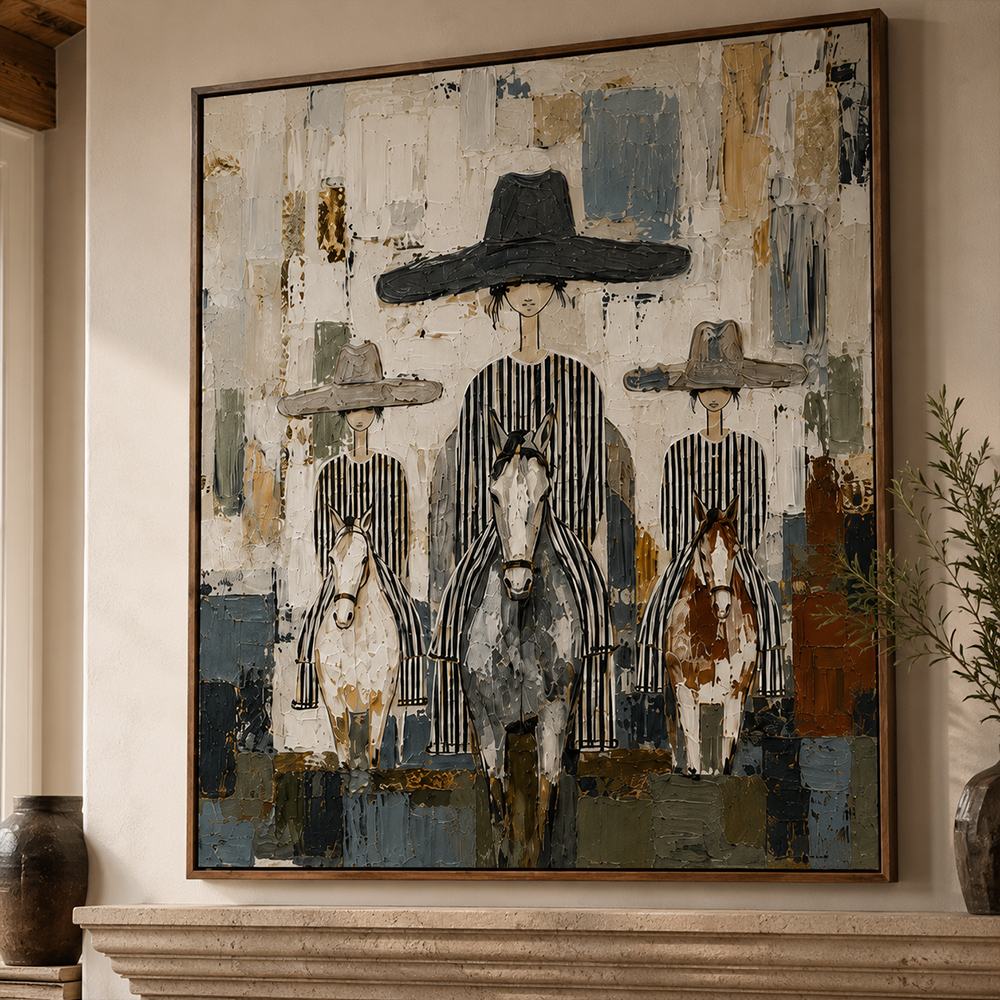 Vintage Americana Art – Three Striped Hat Ladies & Horses Textured Handmade Oil Painting Wall Art