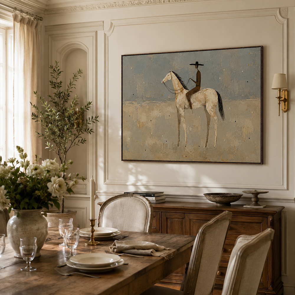 Vintage Americana Art – Pale Horse Rider Textured Handmade Oil Painting Wall Art