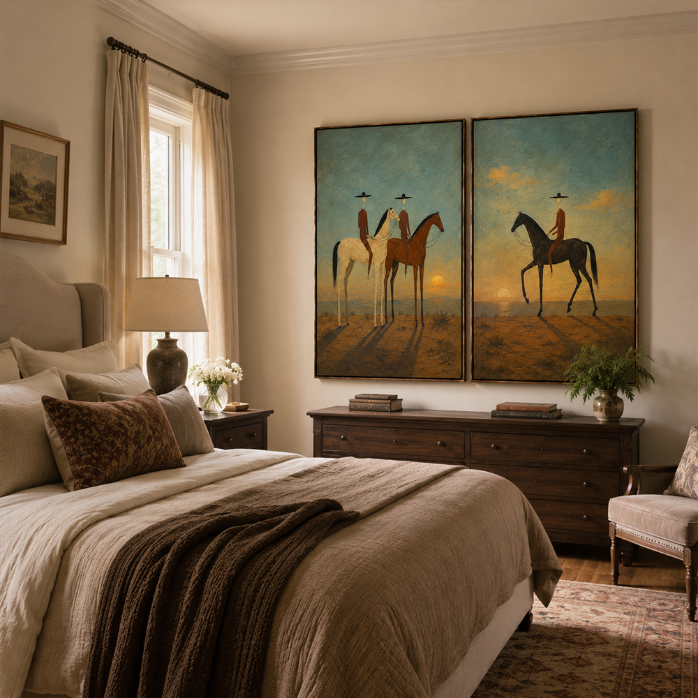 Vintage Americana Art – Sunset Cowboy Horse Diptych Textured Handmade Oil Painting Wall Art
