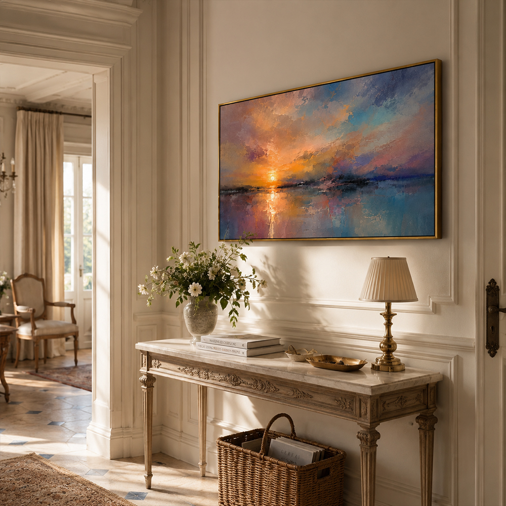 Abstract Wall Art – Sunset Lakescape Textured Handmade Oil Painting Wall Art