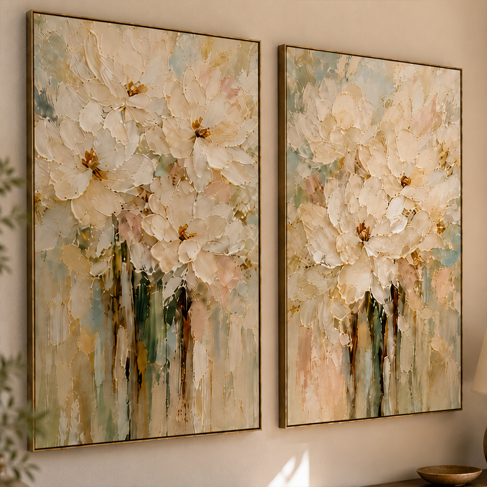 Abstract Wall Art – Cream Floral Textured Handmade Oil Painting Wall Art