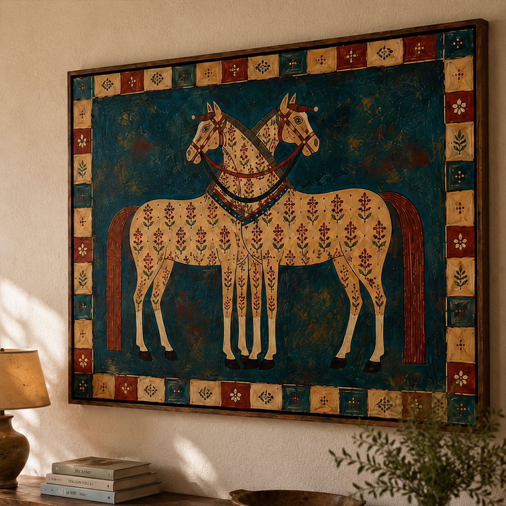 Vintage Americana Art – Folk Twin Horses Textured Handmade Oil Painting Wall Art