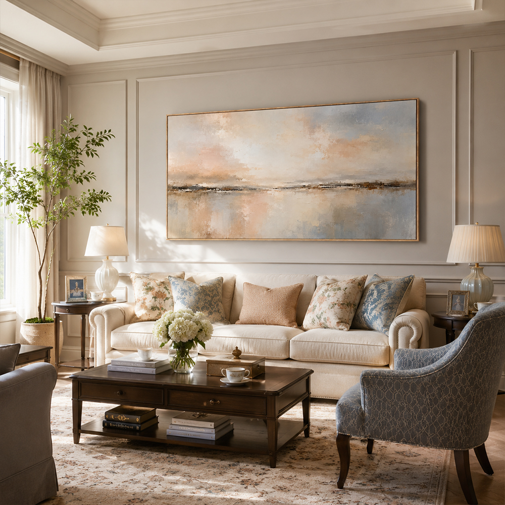 Abstract Wall Art – Neutral Lakescape Textured Handmade Oil Painting Wall Art