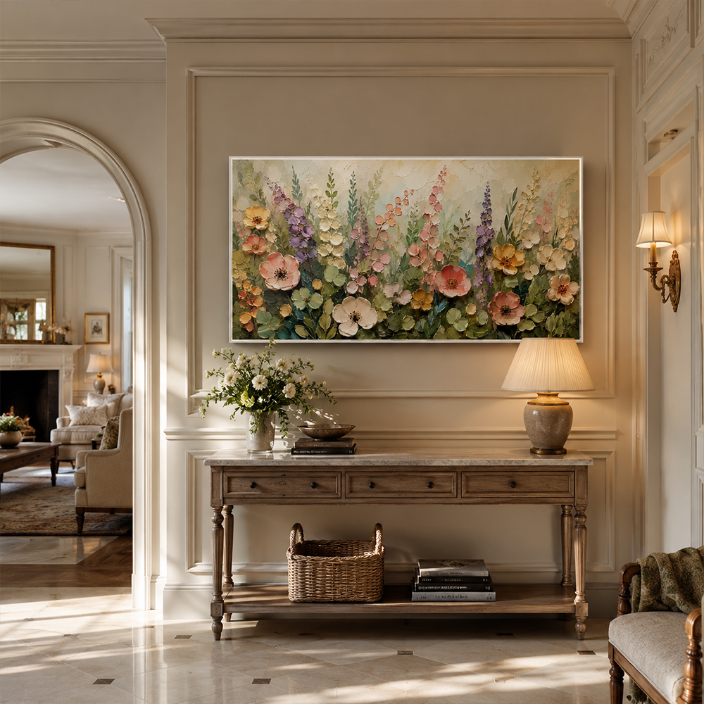 Texture Painting Art – Pastel Wildflower Textured Handmade Oil Painting Wall Art