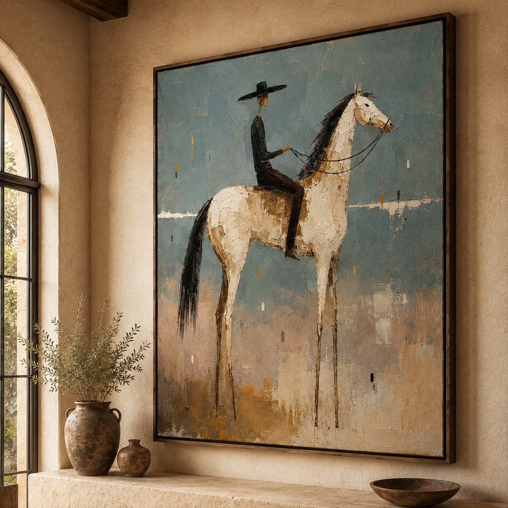Vintage Americana Art – Textured Surreal Equestrian Handmade Oil Painting Wall Art
