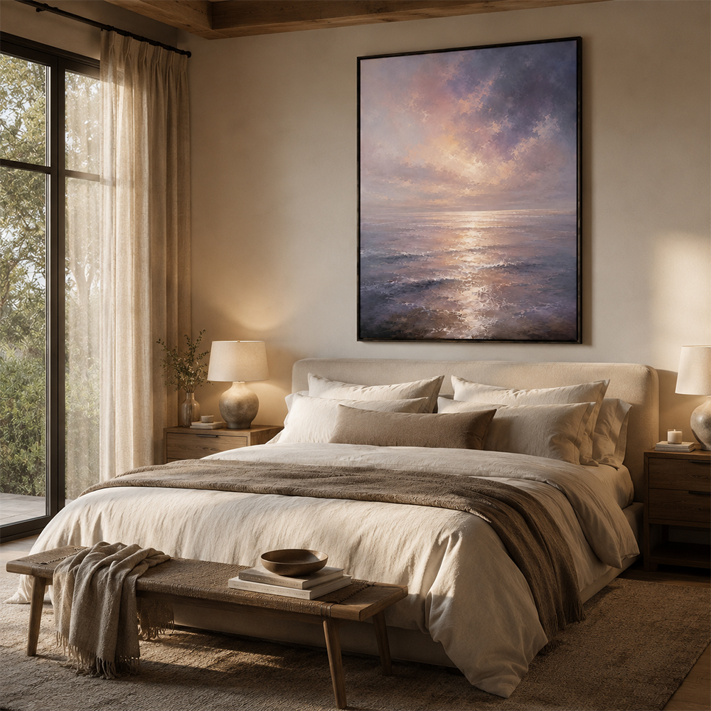 Minimalist Painting Art – Sunset Ocean Reflection Textured Handmade Oil Painting Wall Art