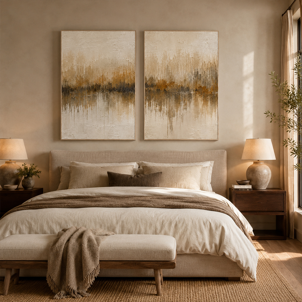 Abstract Wall Art – Neutral Forest Reflection Diptych