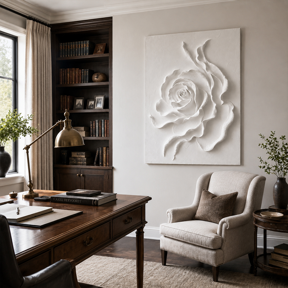 Minimalist Painting Art – Textured White Rose Relief