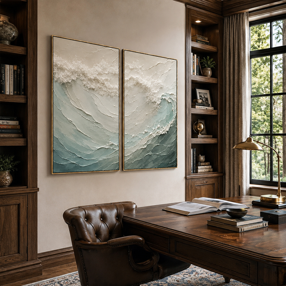 Minimalist Painting Art – Textured Ocean Wave Diptych