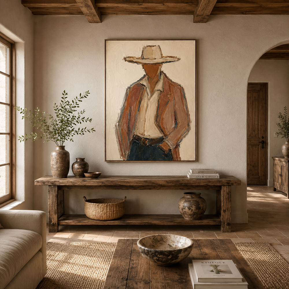 Vintage Americana Art – Textured Rustic Western Minimalist Handmade Oil Painting Wall Art