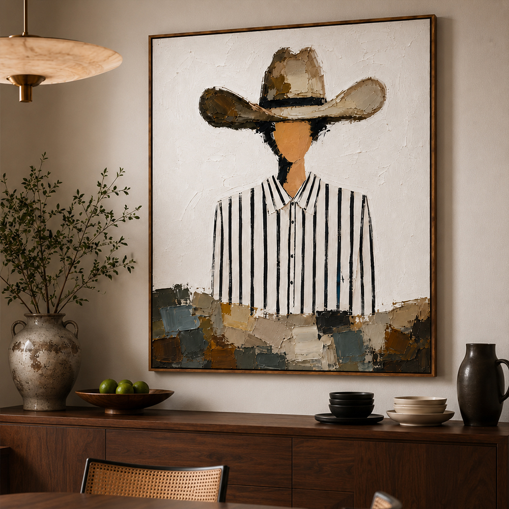 Vintage Americana Art – Striped Shirt Cowboy Textured Handmade Oil Painting Wall Art