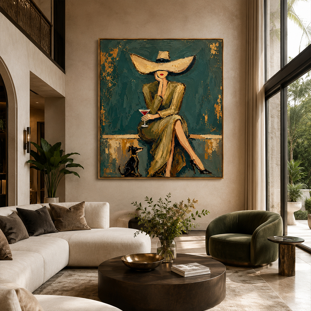 Vintage Americana Art – Hat Lady with Cocktail & Dog Textured Handmade Oil Painting Wall Art