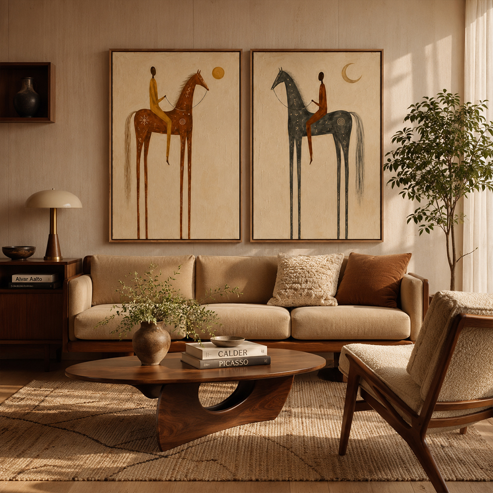Vintage Americana Art – Sun & Moon Equestrian Diptych Textured Handmade Oil Painting Wall Art