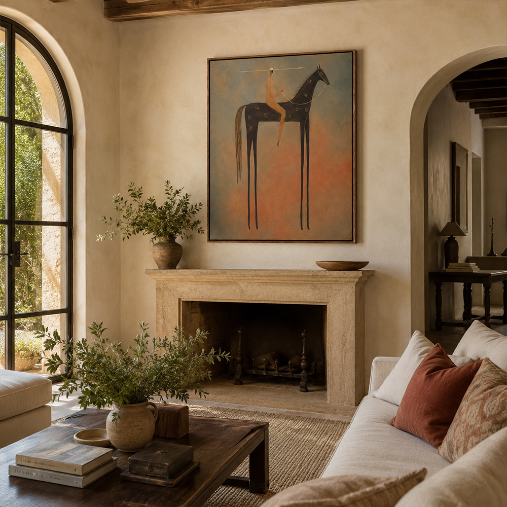 Vintage Americana Art – Celestial Starry Horse Rider Textured Handmade Oil Painting Wall Art