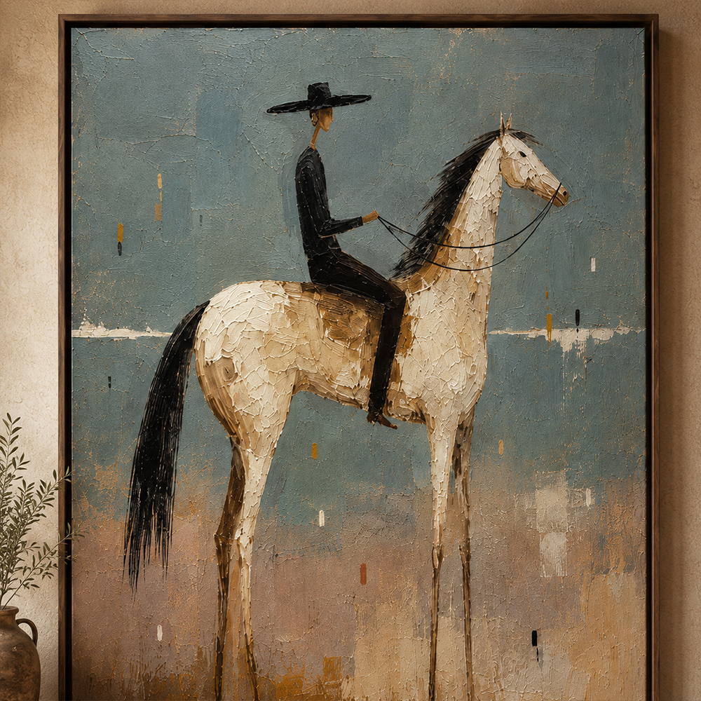 Vintage Americana Art – Textured Surreal Equestrian Handmade Oil Painting Wall Art
