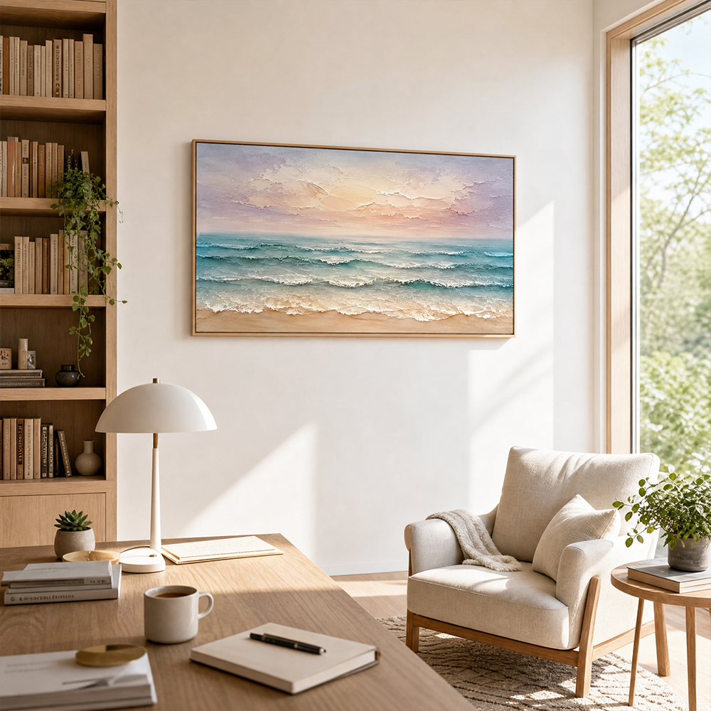 Texture Painting Art – Pastel Beach Waves Textured Handmade Oil Painting Wall Art